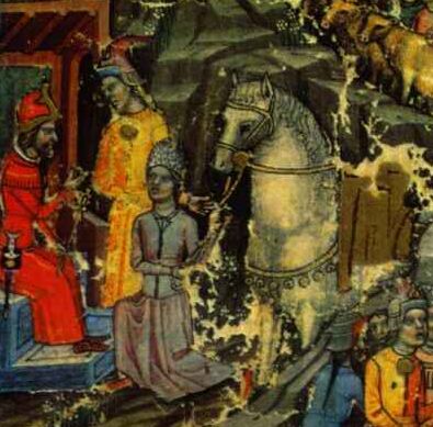 Árpád követsége a fehér lóval Zalán/Szvatopluknál a Képes Krónika miniatúráján