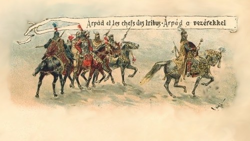 Árpád a vezérekkel - litografált képeslap
